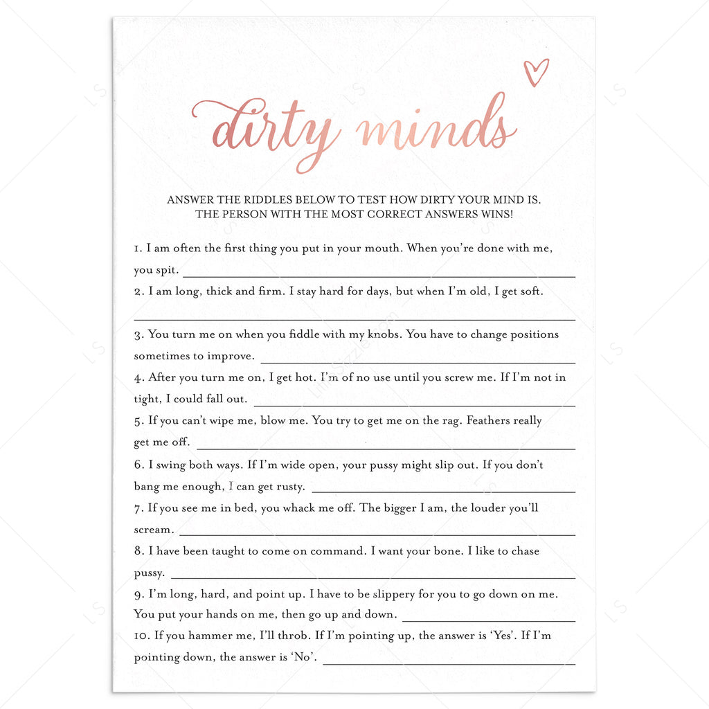 Dirty Minds Bachelorette Game Rose Gold Printable | Answers Included ...