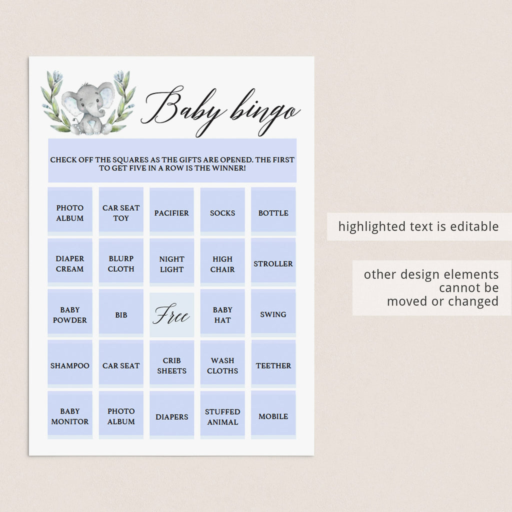 Elephant baby shower bingo free printables