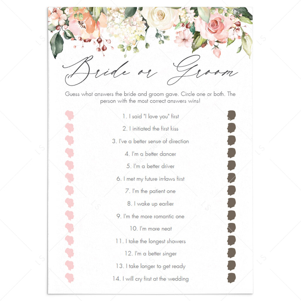 Personalized Bridal Shower Bride or Groom Game Templates