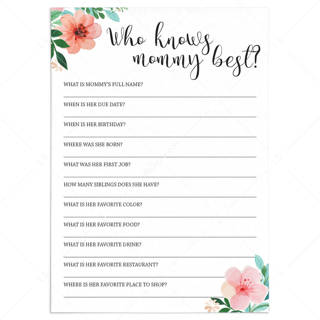 Who Knows Mommy Best Baby Shower Game Printable Floral Theme Littlesizzle