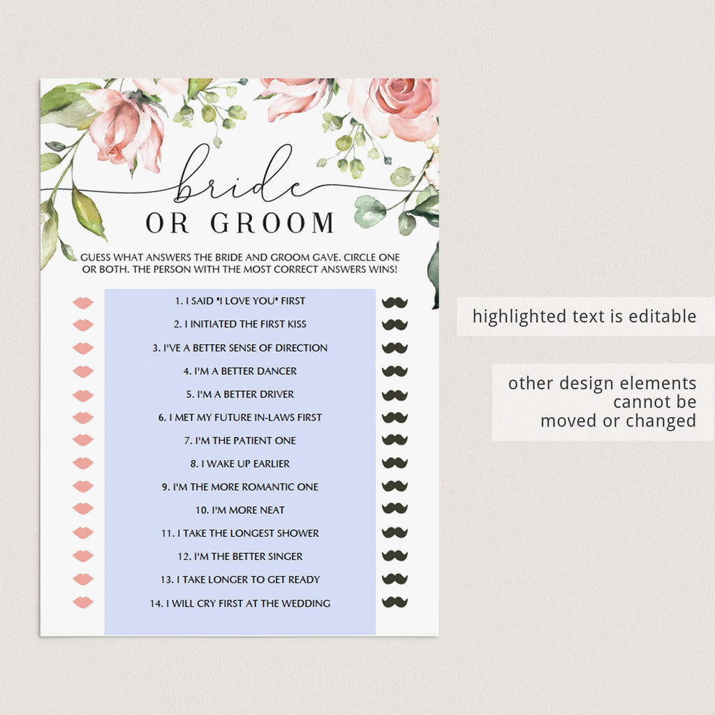 Fun Bridal Shower Bride or Groom Game Templates Download