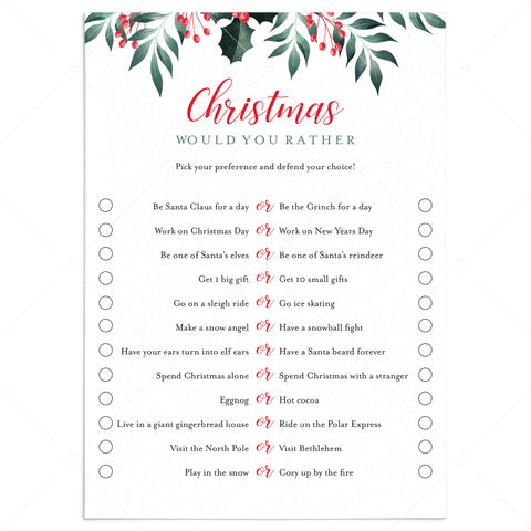 Would You Rather Christmas Party Game Printable | Instant Download ...