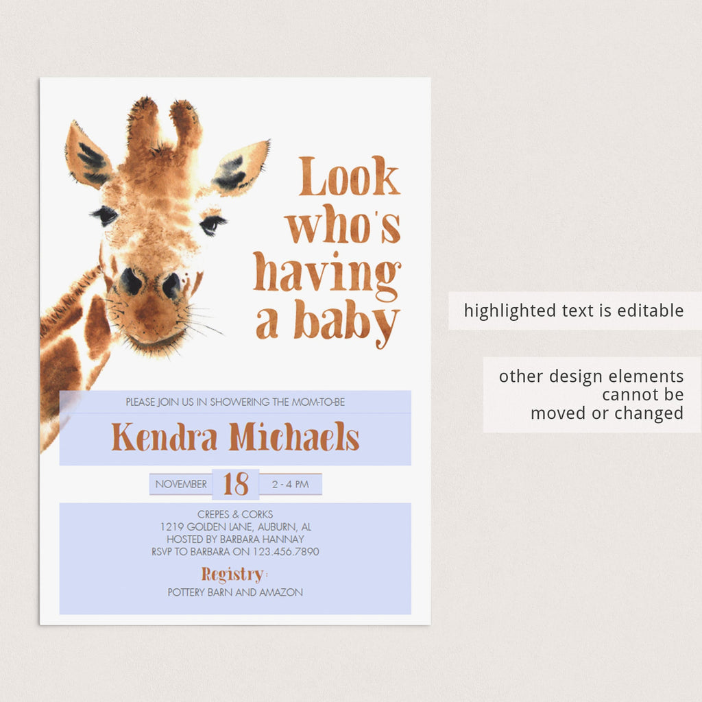 Funny Baby Shower Invitation Template With Watercolor Giraffe Instant Download Littlesizzle