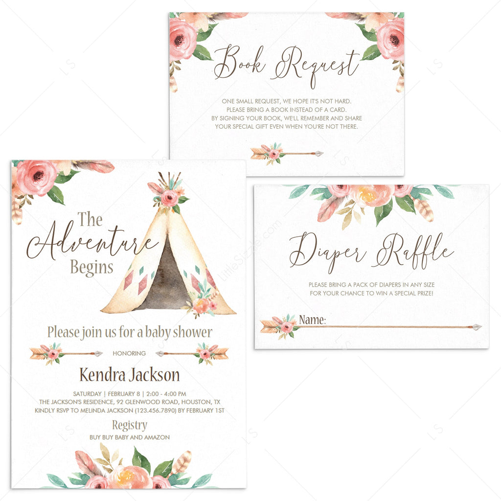 boho baby girl shower invitation set download