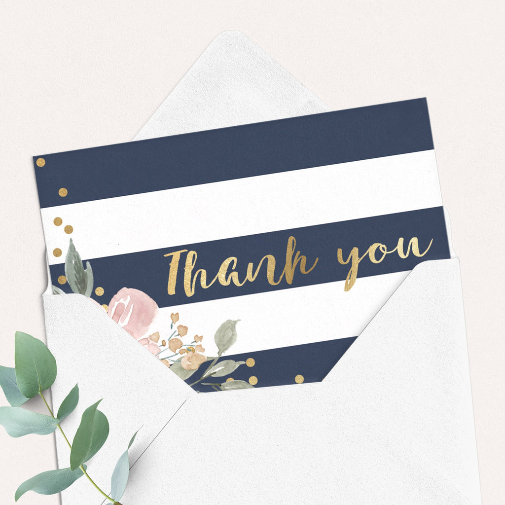 Navy, Pink And Gold Printable Thank You Cards 