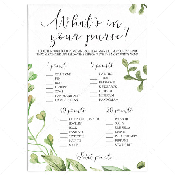 What's In Your Purse greenery baby shower game printable | Instant ...