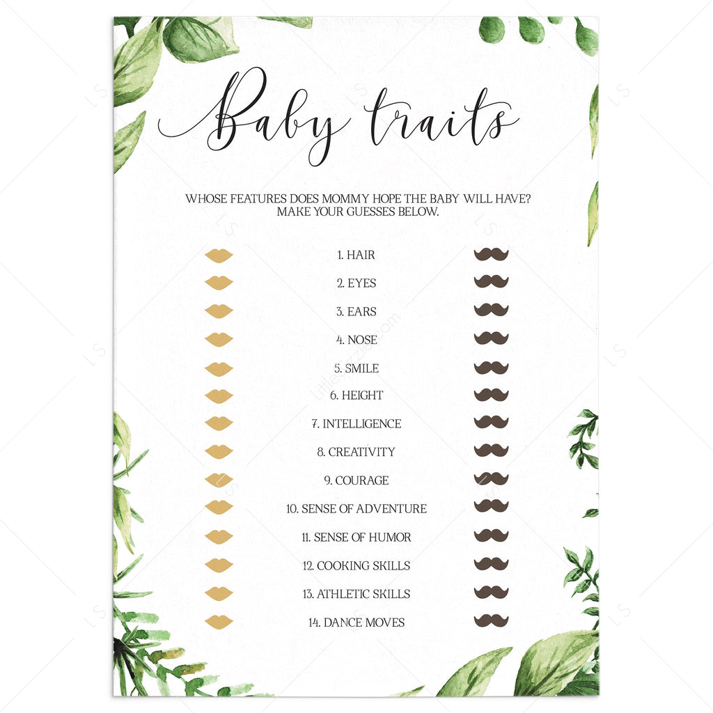 Greenery Baby Shower Baby Traits Game Printable | What will baby look ...