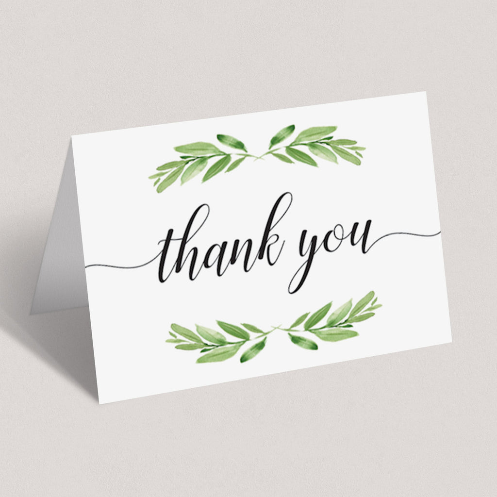 Printable Thank You Card with Watercolor Green Leaves | Instant ...