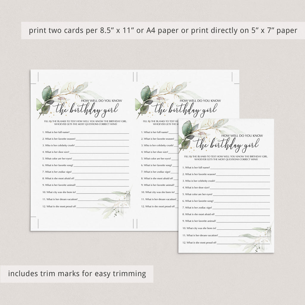 Greenery Birthday Trivia Quiz Printable How Well Do You Know The Birthday Girl Littlesizzle