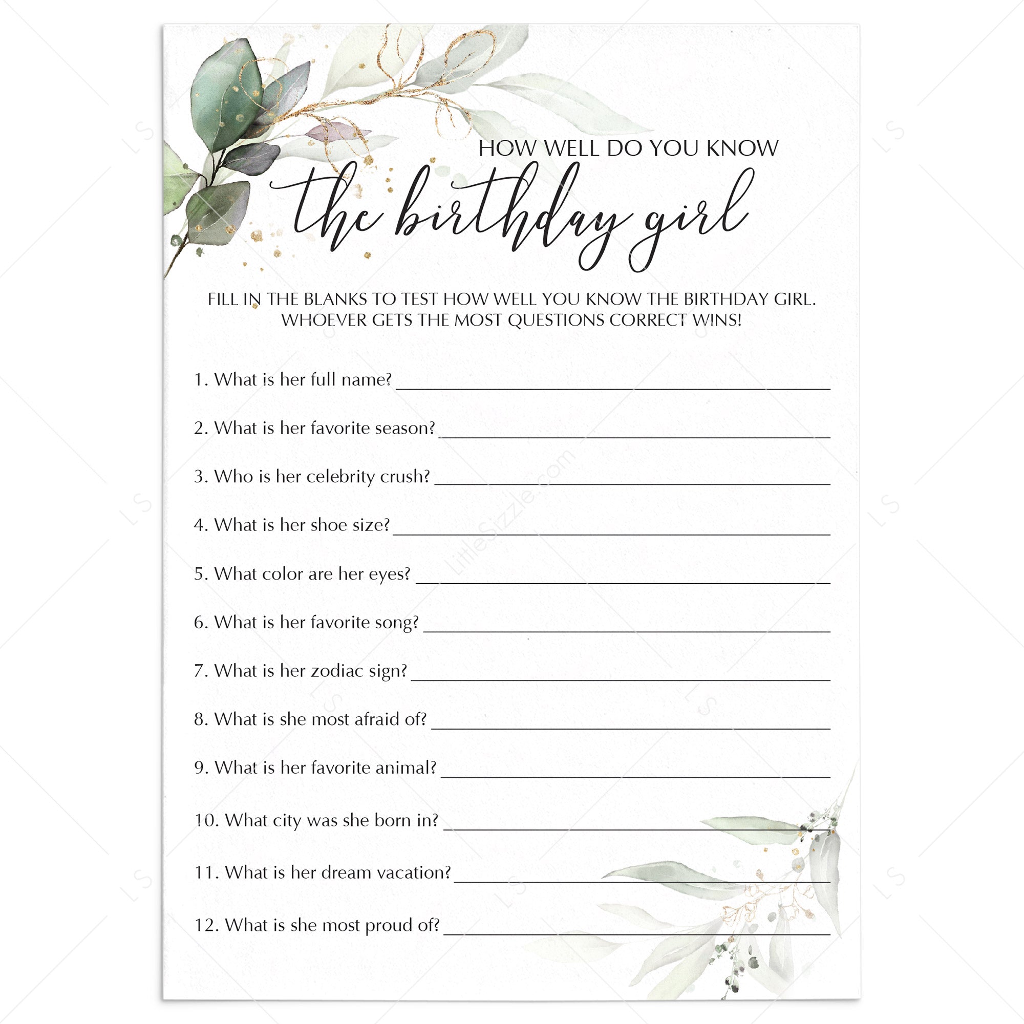 Greenery Birthday Trivia Quiz Printable How Well Do You Know The Birthday Girl Littlesizzle