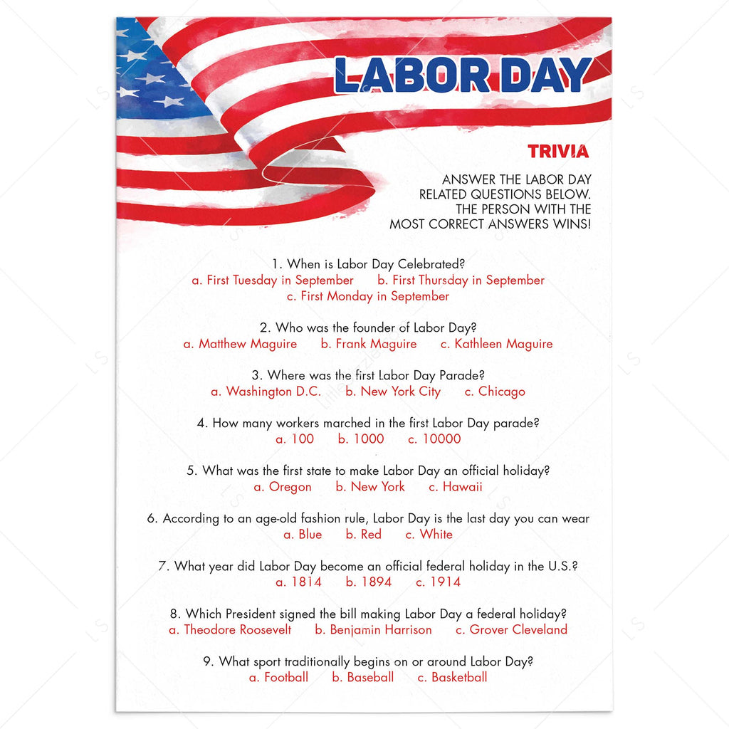 Labor Day Trivia Quiz Printable with Answers Instant Download