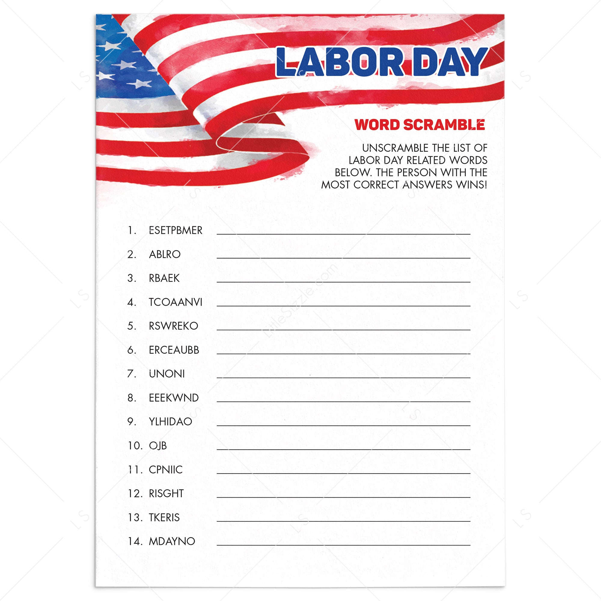 labor day word scramble game printable instant download littlesizzle