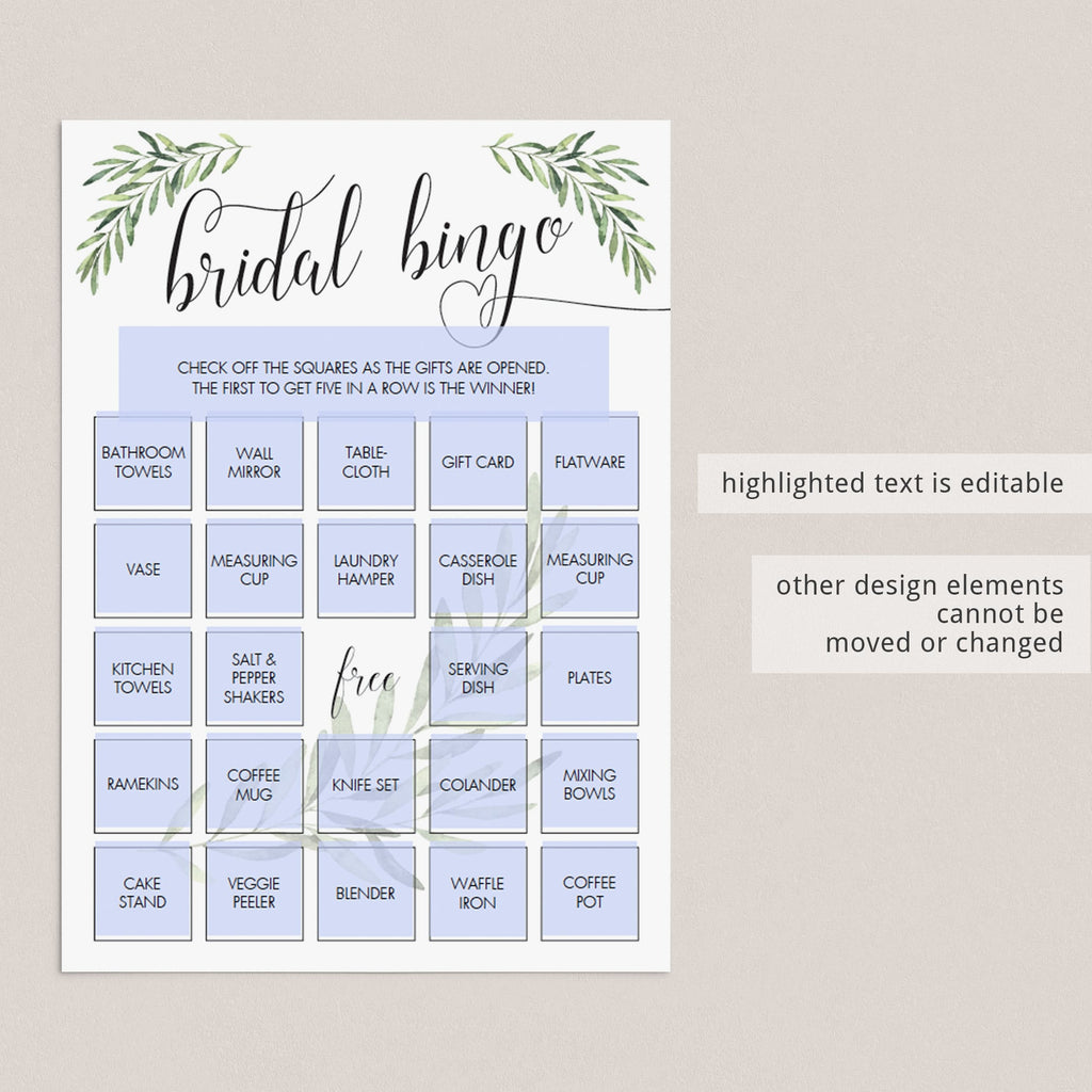 Greenery Bridal Shower Bridal Bingo Game Cards Printable – LittleSizzle
