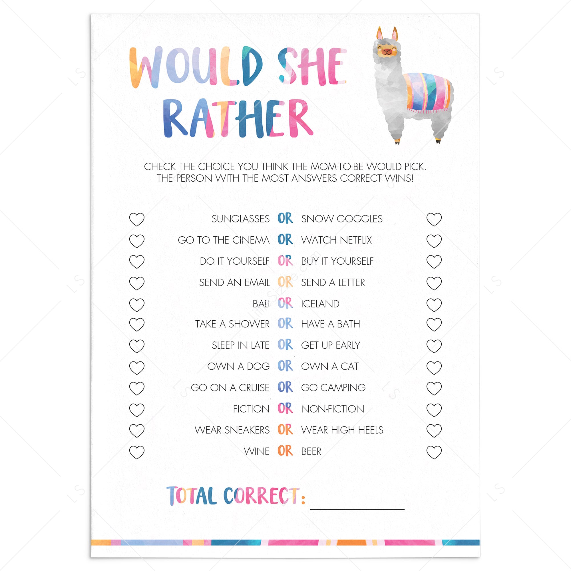 Llama Baby Shower Mommy Quiz Would She Rather Printable Littlesizzle