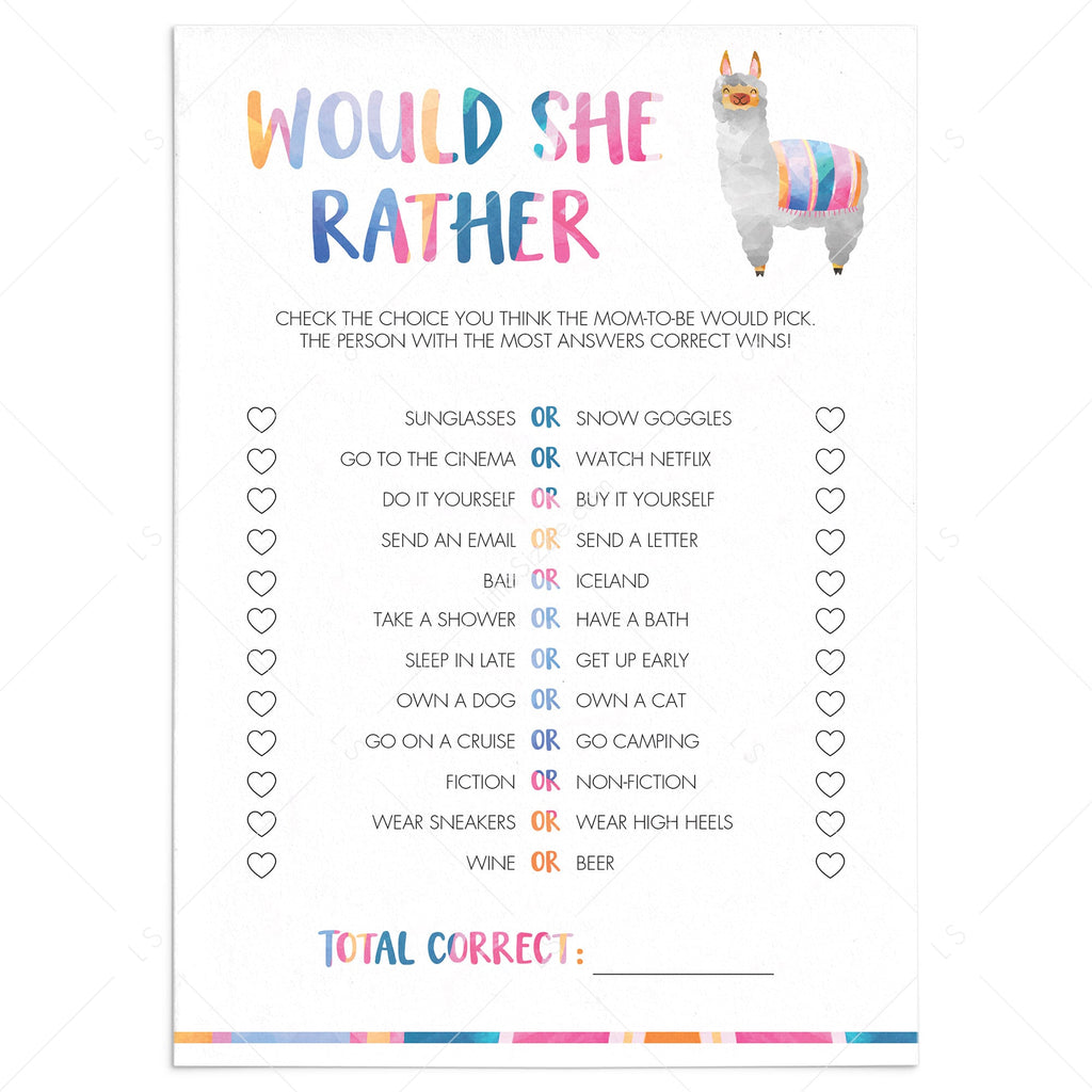 Llama Baby Shower Mommy Quiz Would She Rather Printable Littlesizzle