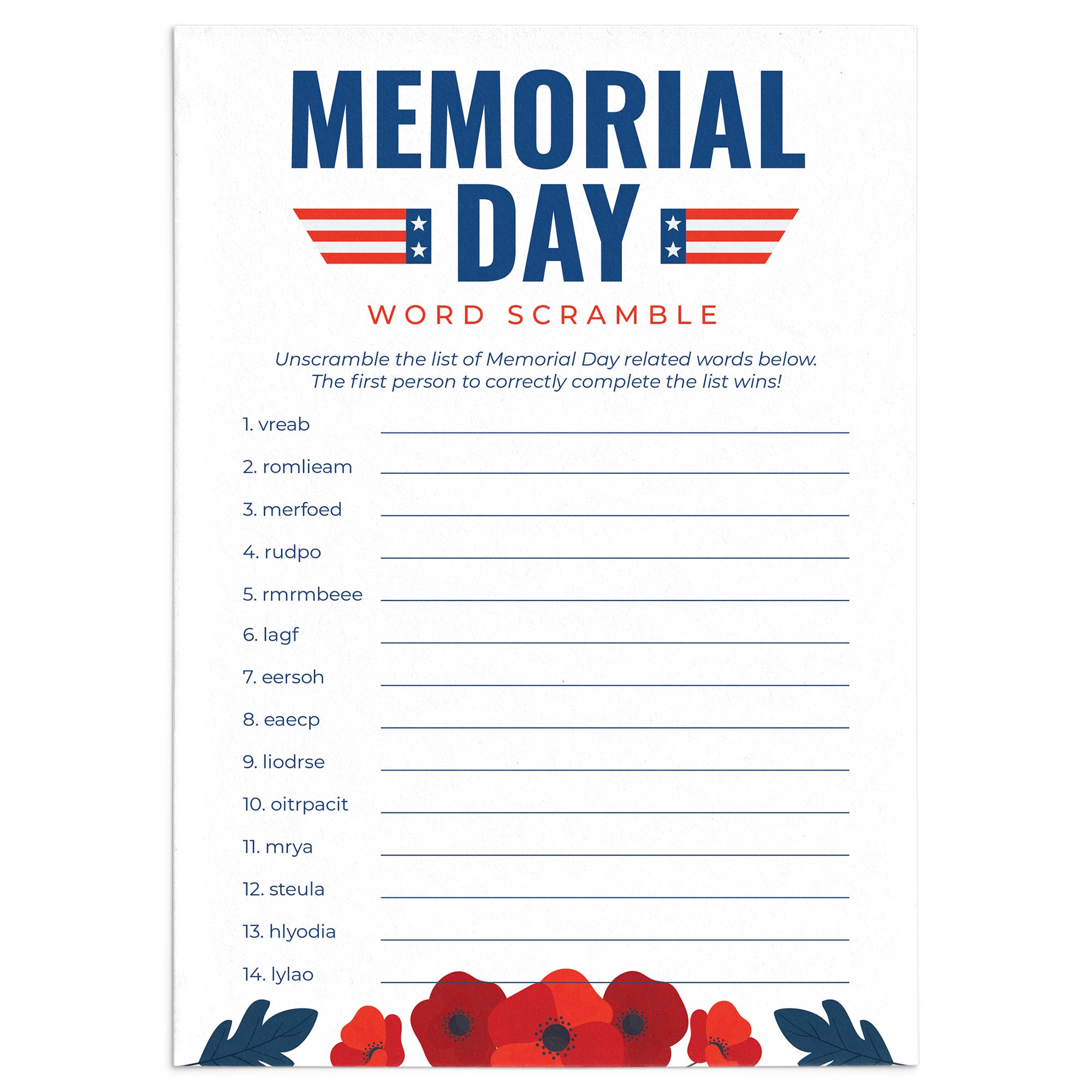 printable memorial day word scramble with answer key littlesizzle