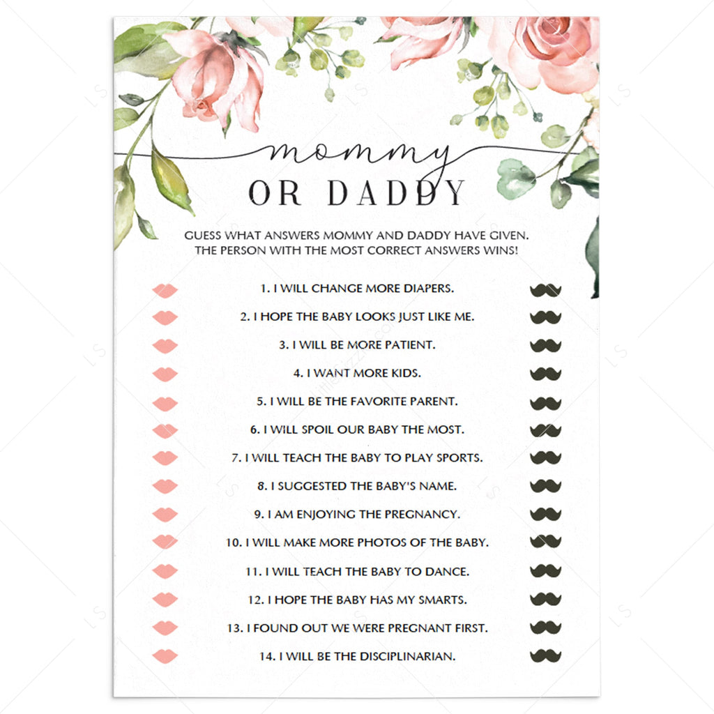 Floral Mommy Daddy Baby Shower Game Printable Instant Download Littlesizzle