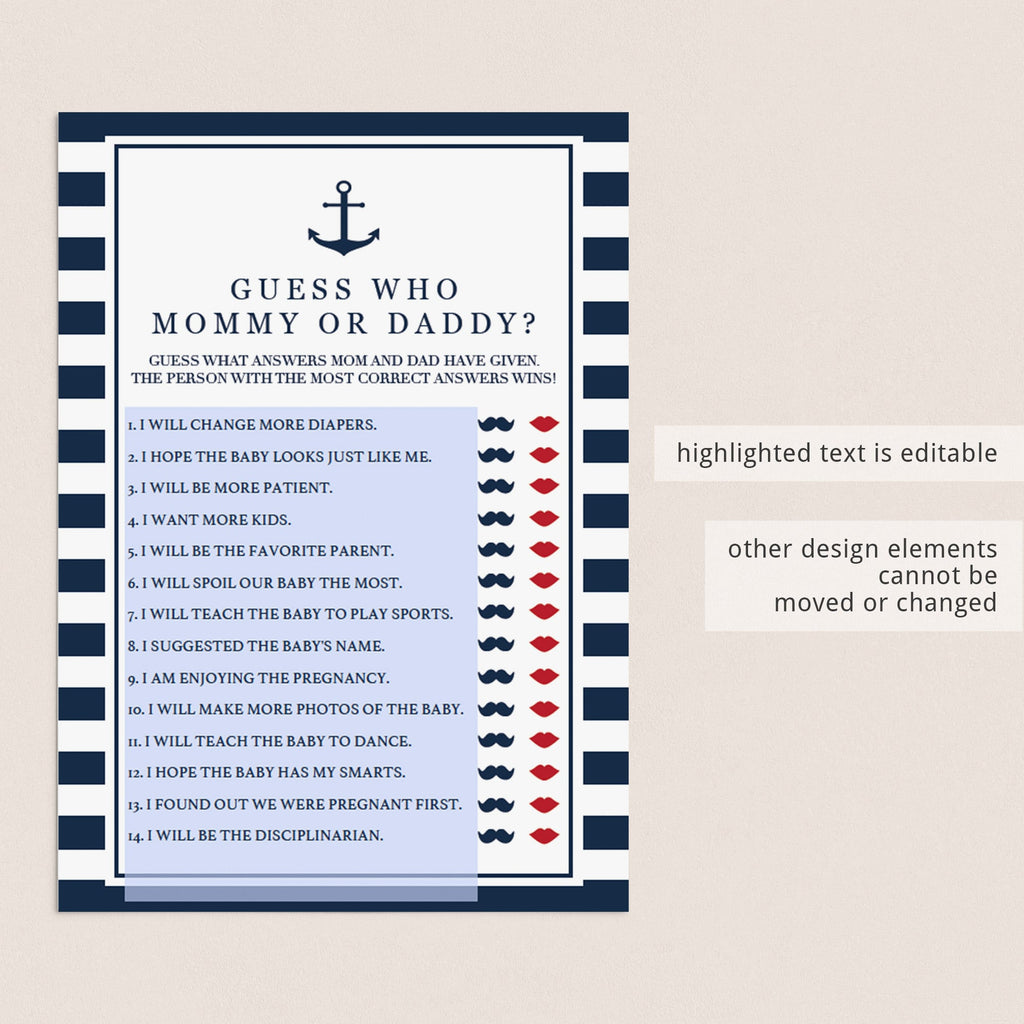 Mommy Or Daddy Quiz For Nautical Themed Baby Shower Instant Download Littlesizzle