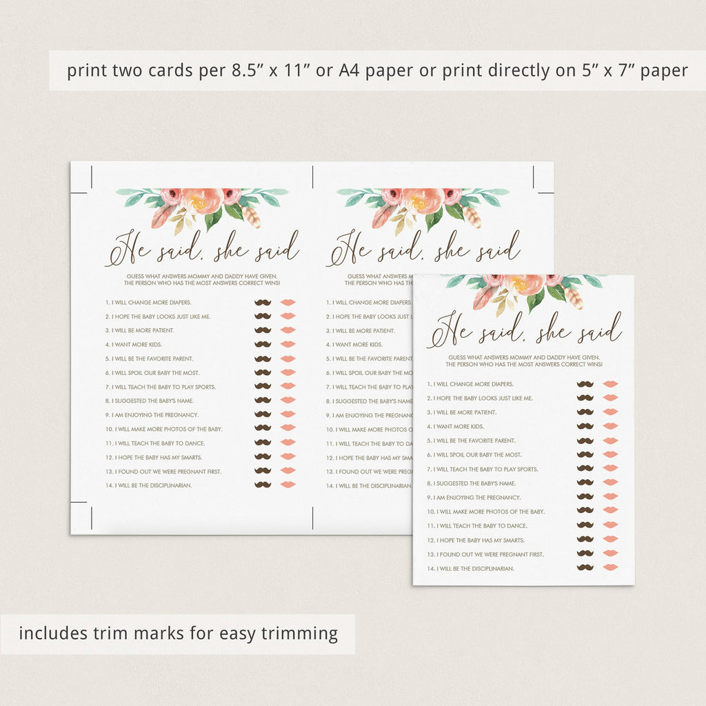 Printable He Said She Said Game For Baby Shower Instant Download Littlesizzle