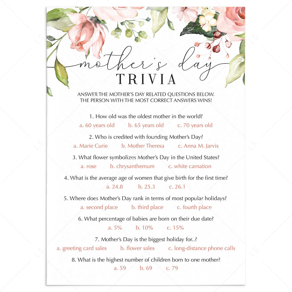 Mother S Day Trivia Game Printable Fillable Pdf Instant Download Littlesizzle