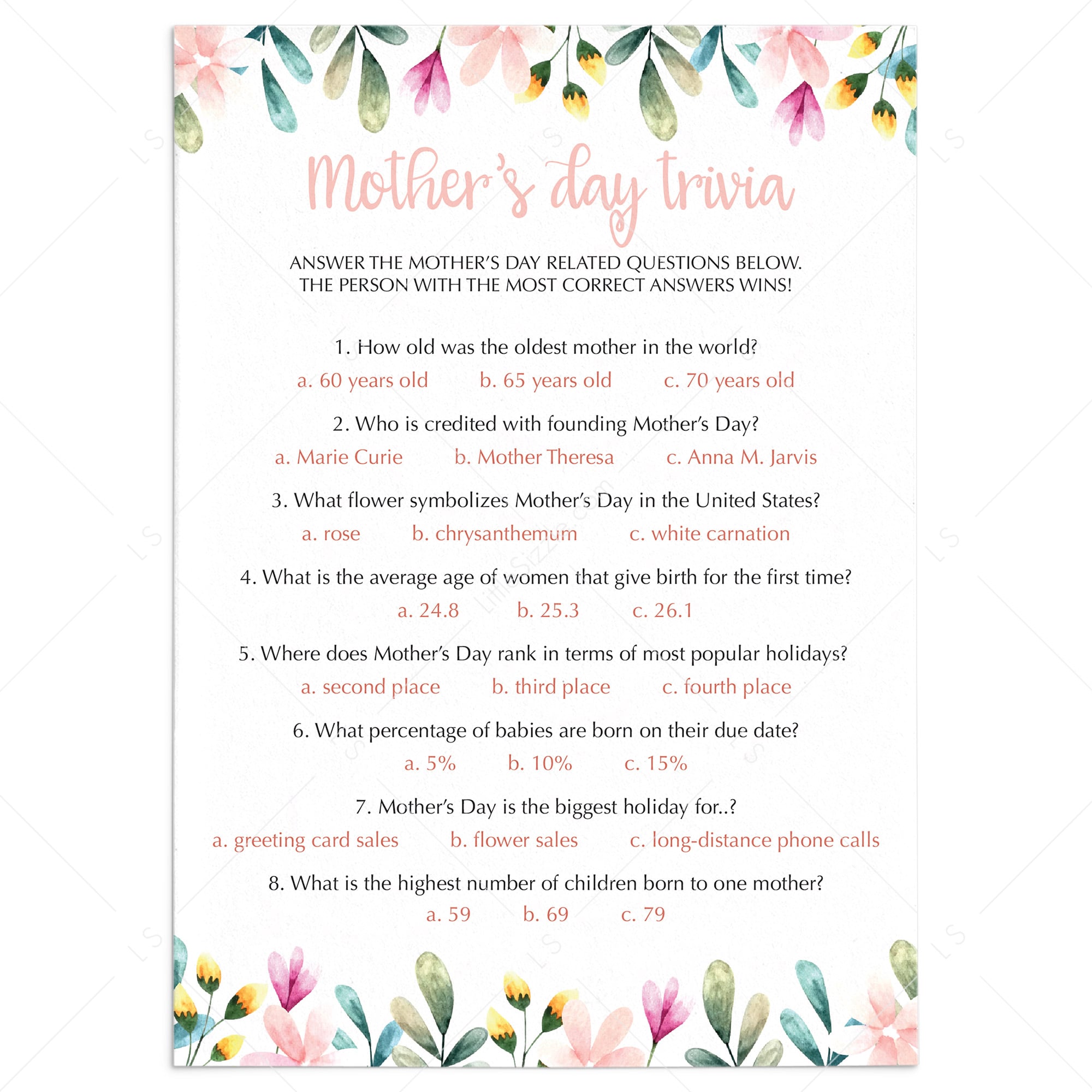 Virtual Mother S Day Quiz Mother S Day Trivia Instant Download Littlesizzle