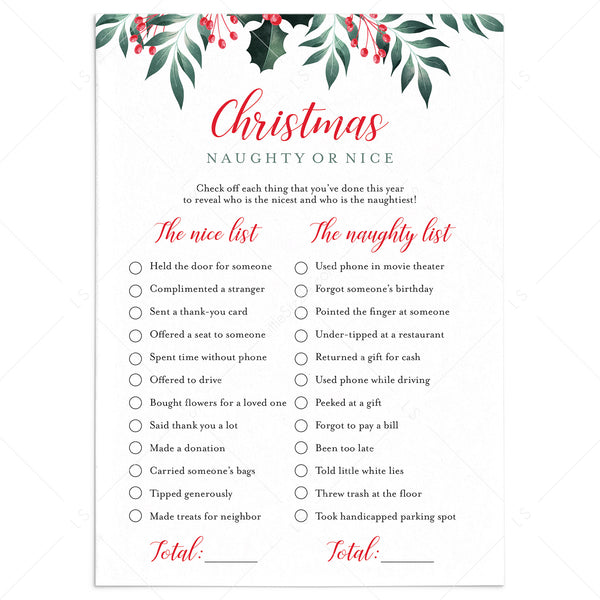 Naughty or Nice Christmas Game for Adults Printable | Instant Download ...