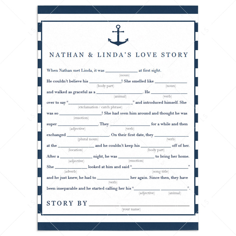 Mad Libs Bridal Shower Games Instant Download Love Story 