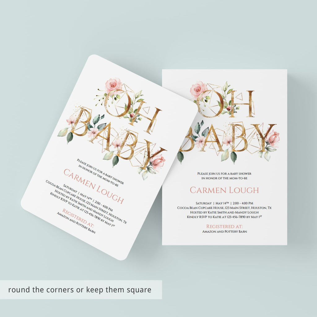 Gold Floral Oh Baby Greenery Baby Shower Invitation Template Instant Download Littlesizzle