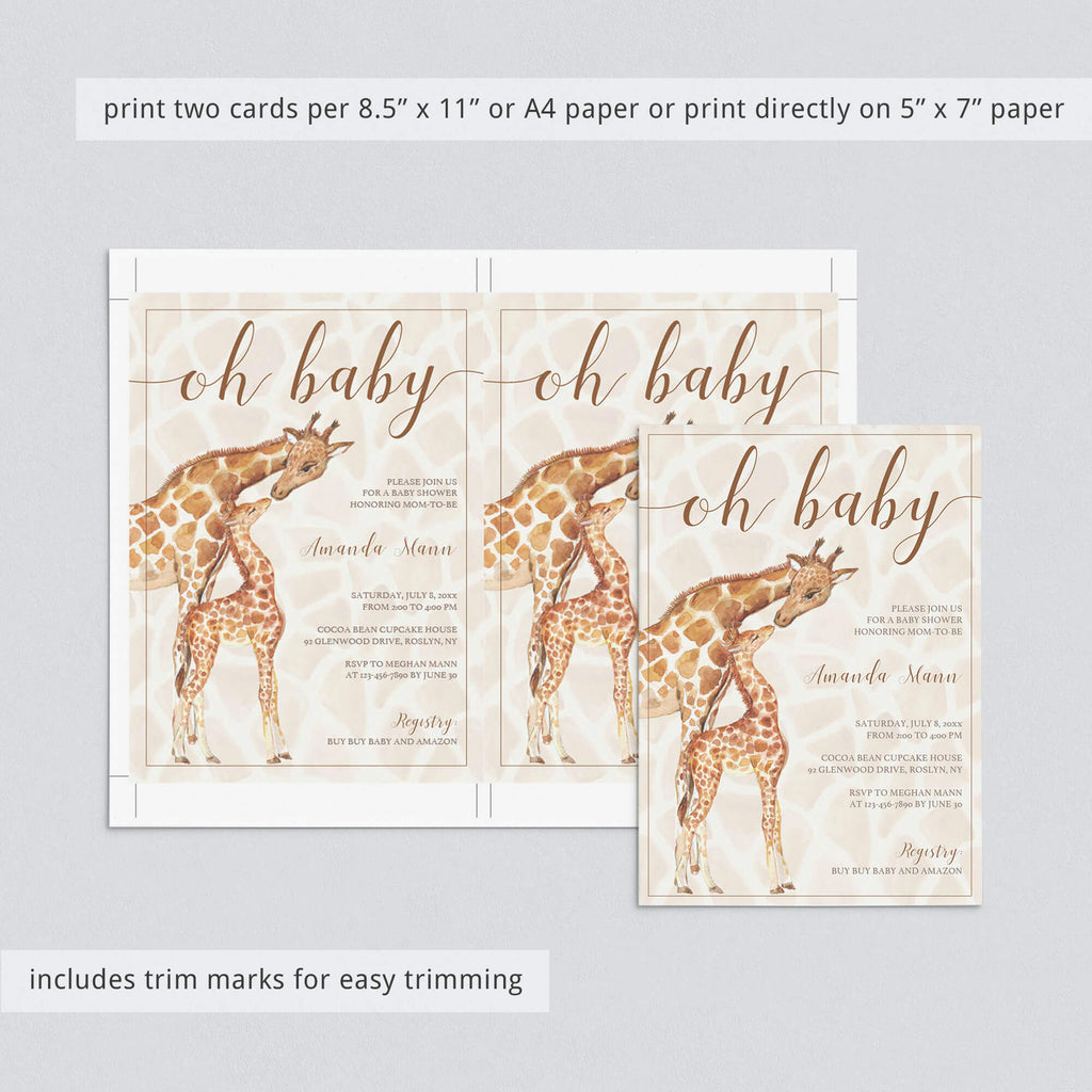 Oh Baby Baby Shower Invitation Template Giraffe Theme Instant Download Littlesizzle