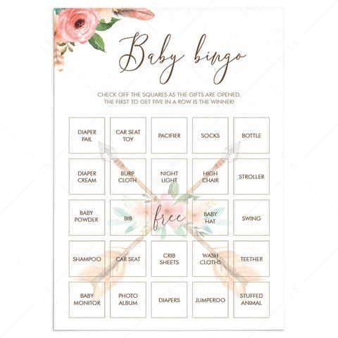 Tribal Floral baby shower Bingo Cards printable set | Instant download ...