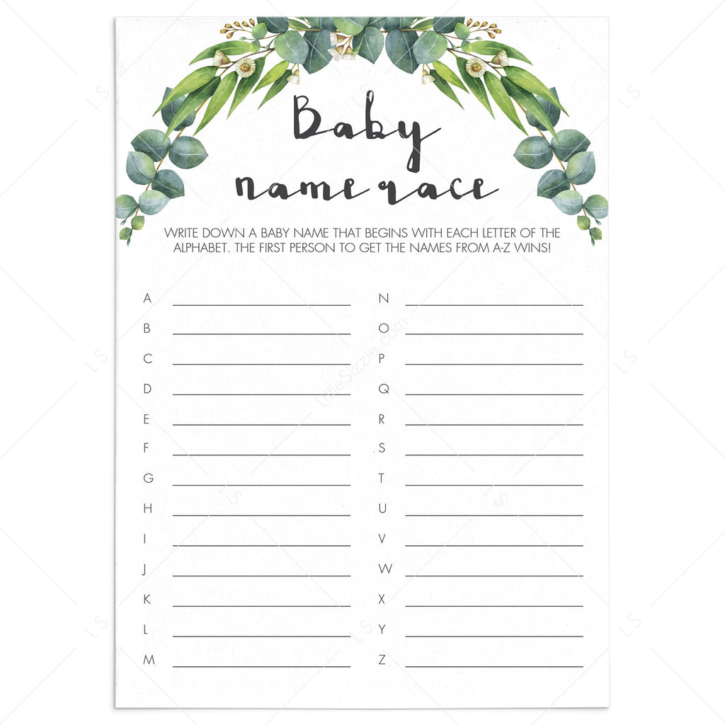 Baby Name Race game printable for gender neutral baby shower Instant