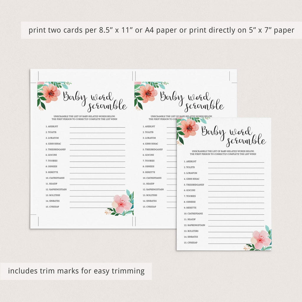 Baby Word Scramble Baby Shower Game Printable Floral Theme ...