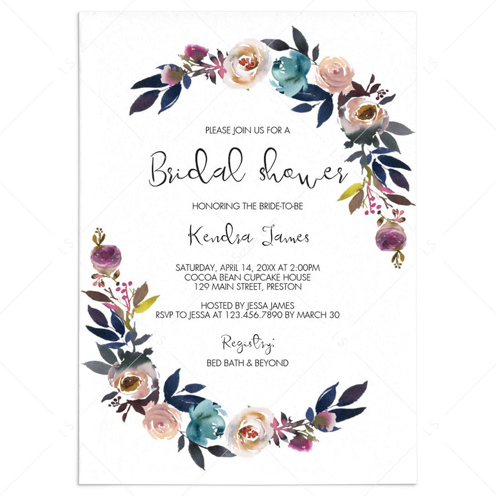 Purple Bridal Shower Invitation Template Floral Theme Instant Download Littlesizzle