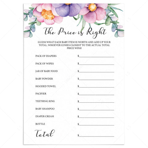 Purple and pink floral baby shower The Price is Right printable#N ...