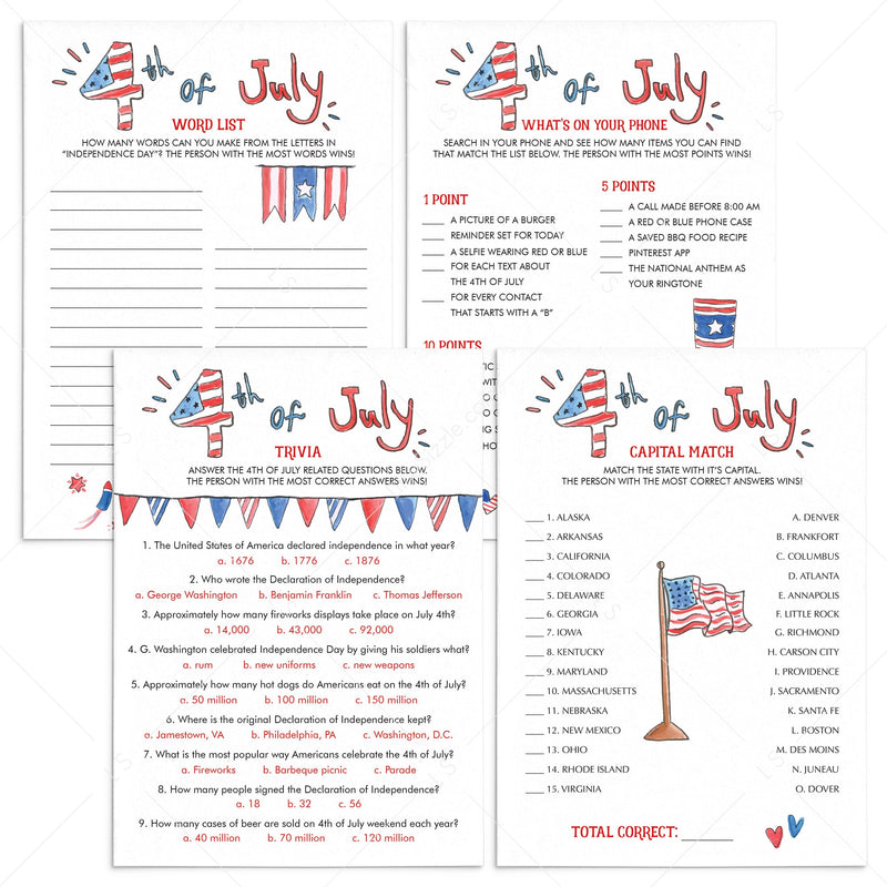 4th of July Games Printable & Virtual Print at home or Play over Zoom