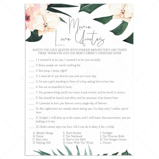 Match Movie with love song Bridal Shower game, Ready to Print, rustic –  designsplusmore