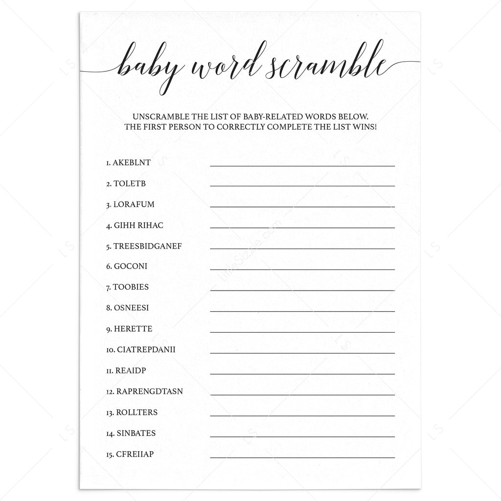 Simple baby shower Scrambled Word game printable Instant download