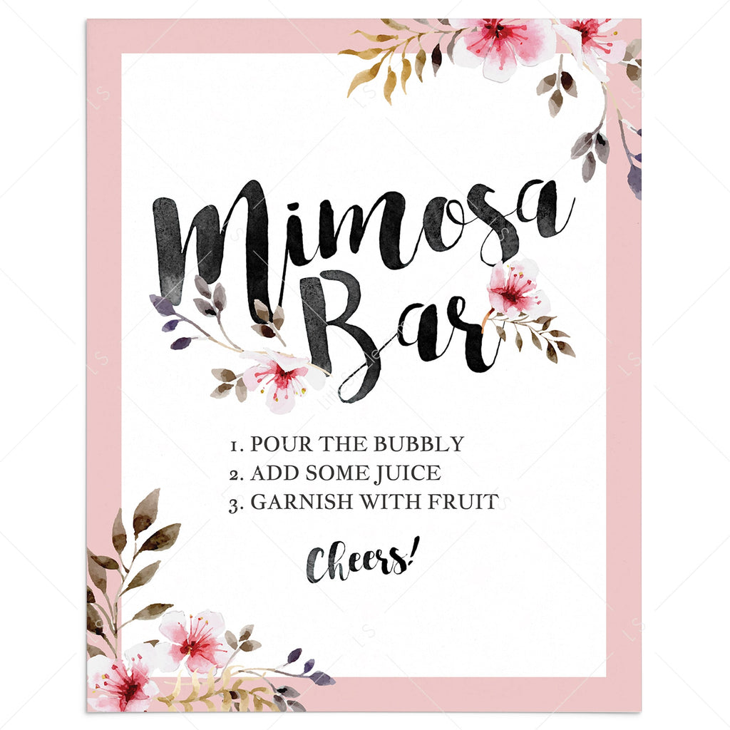 Printable Mimosa Bar Sign with blush watercolor flowers Instant