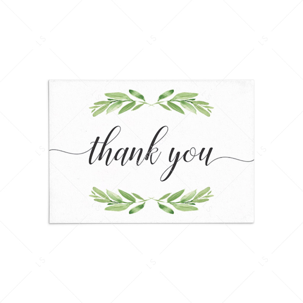 Printable Thank You Card with Watercolor Green Leaves | Instant ...