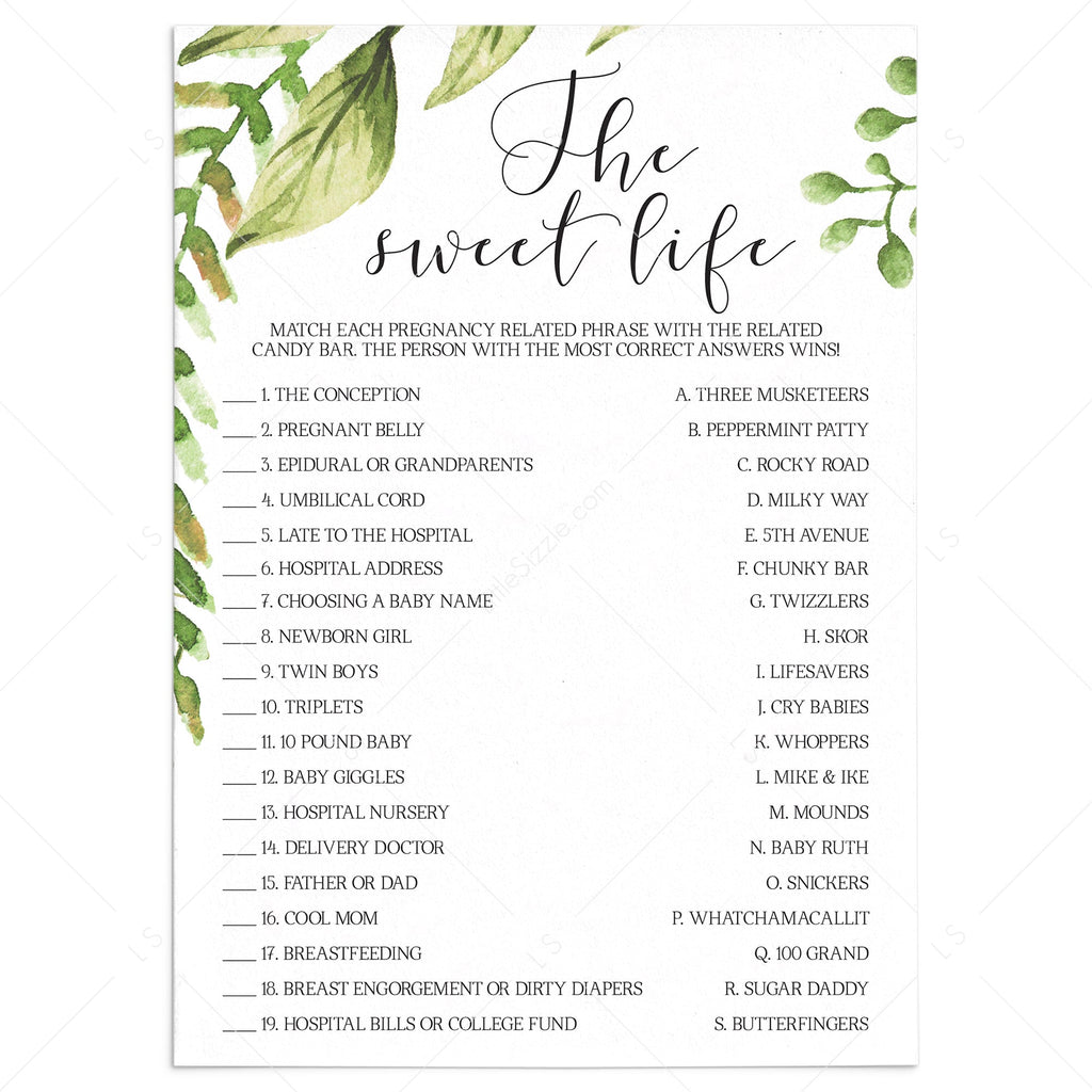 Candy Bar Match Up Baby Shower Game The Sweet Life Printable Littlesizzle