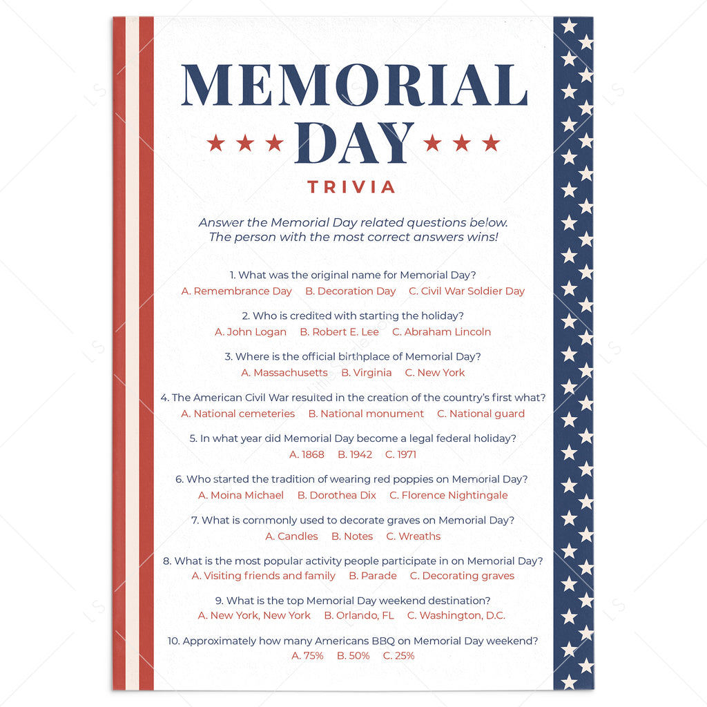 memorial day trivia questions with answers printable instant download littlesizzle