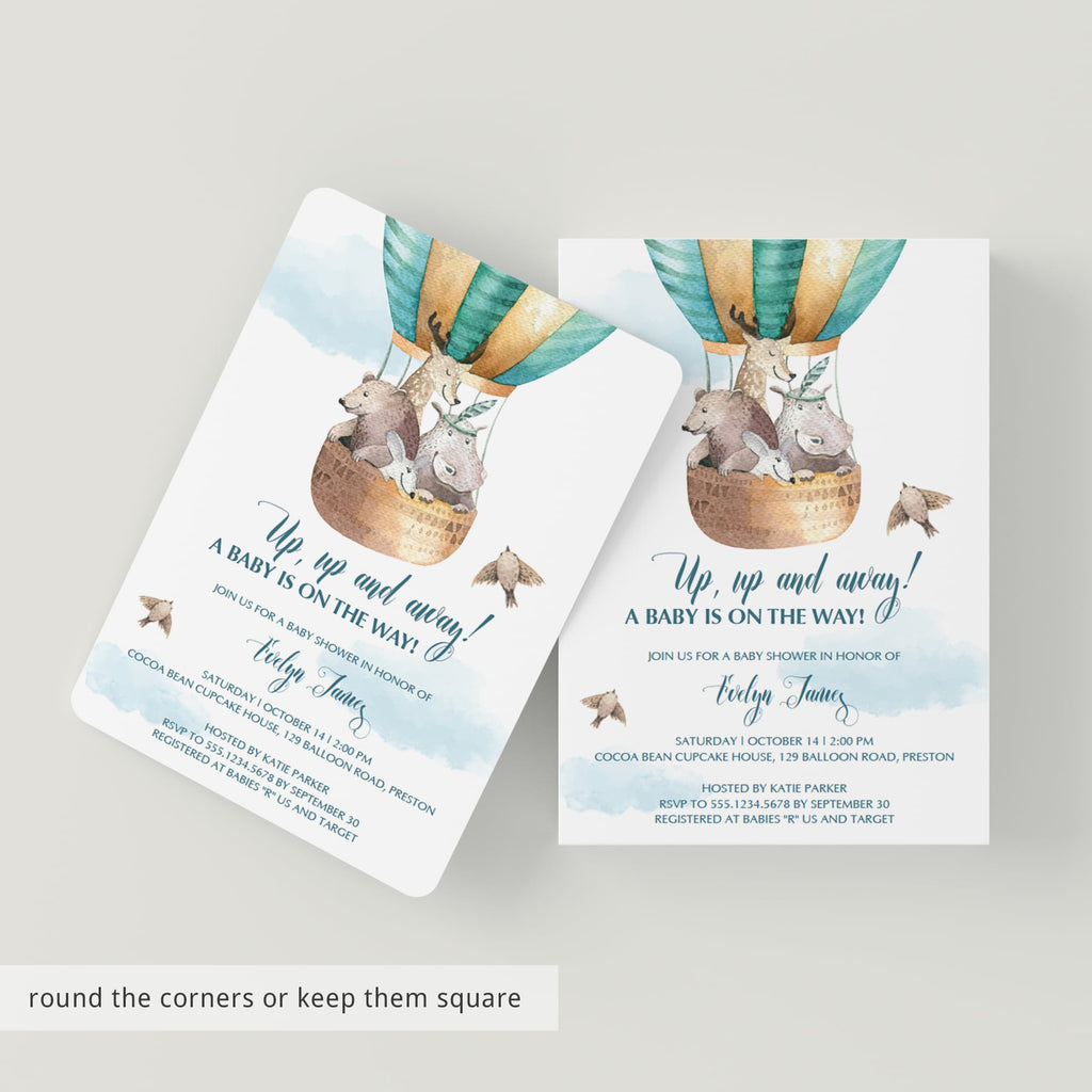 Up, Up and Away baby shower invitation template | Hot Air Balloon boy ...