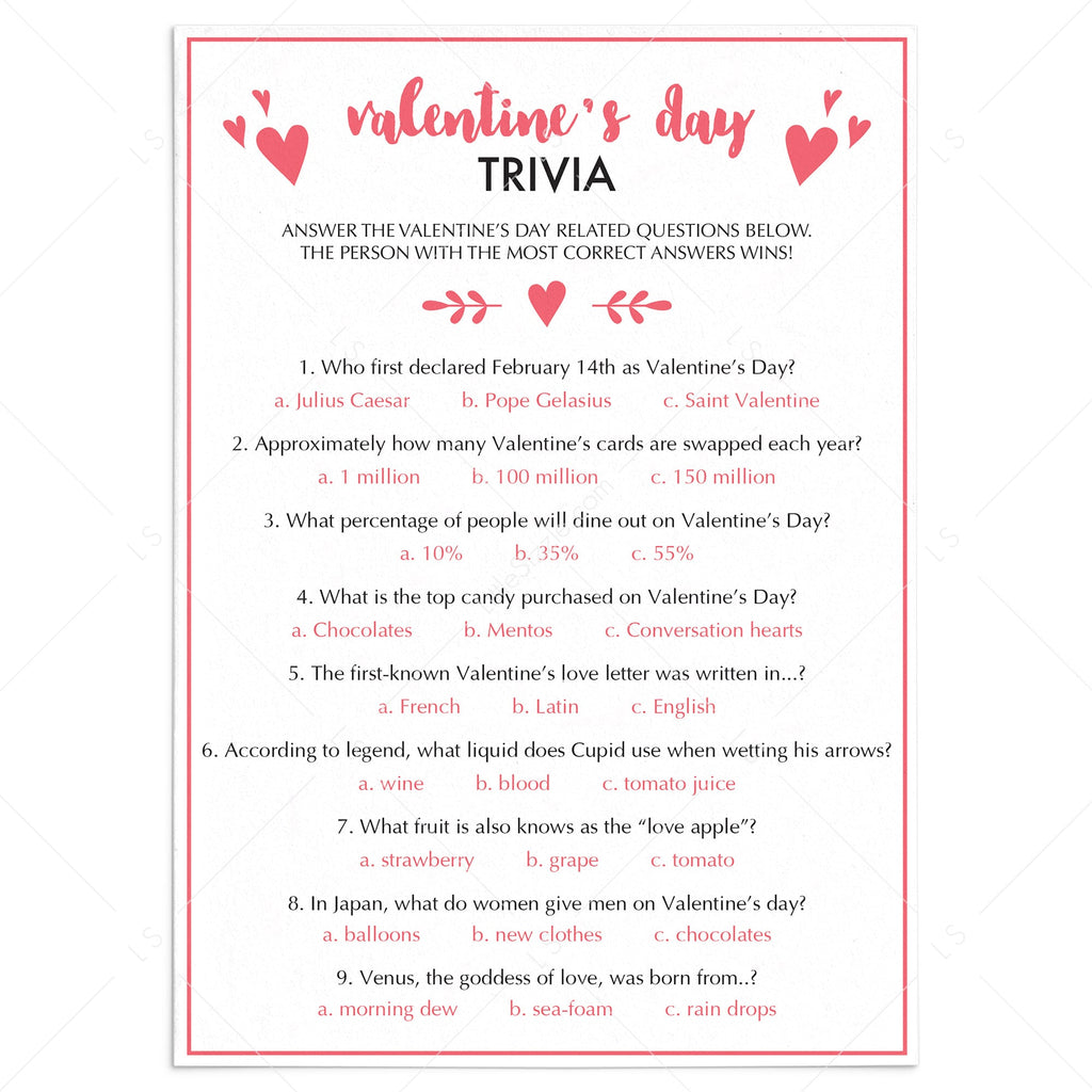 Valentine S Day Trivia Game Virtual Printable Files Instant Download Littlesizzle