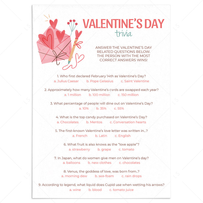 Valentine's Trivia Games Printable Valentine's Day Quiz with Answers