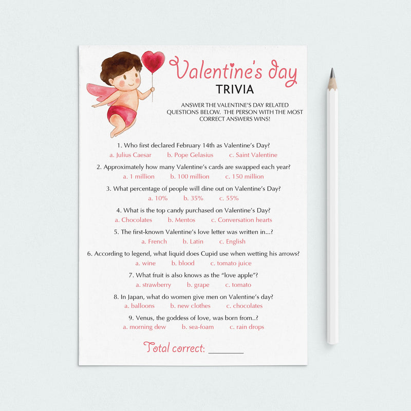 Valentine's Trivia Games Printable Valentine's Day Quiz with Answers