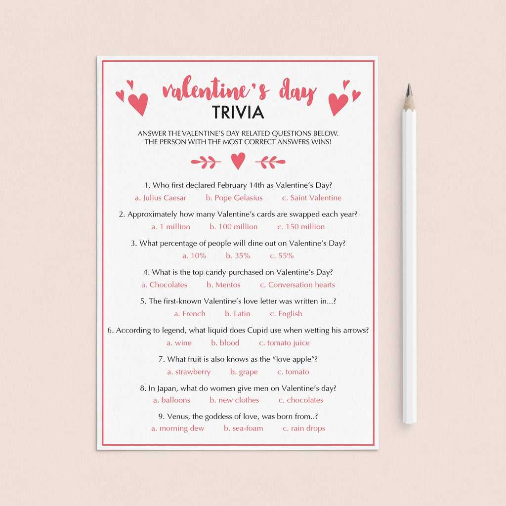 Valentine's Day Trivia Game Virtual & Printable Files Instant Download LittleSizzle