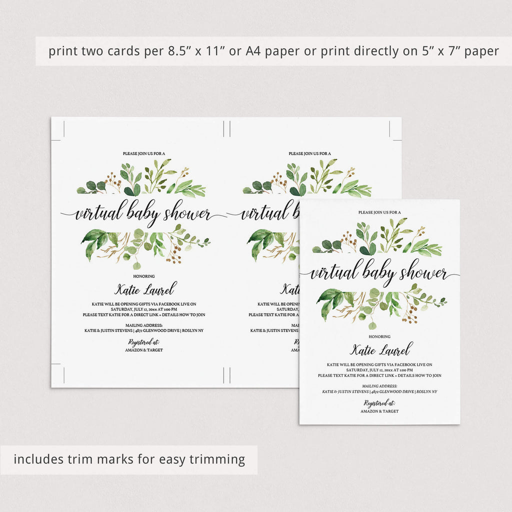 Greenery Virtual Baby Shower Invitation Template | Instant ...