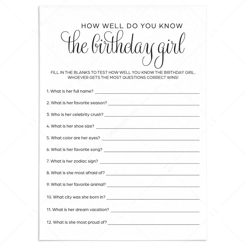 How Well Do You Know The Birthday Girl Printable Calligraphy