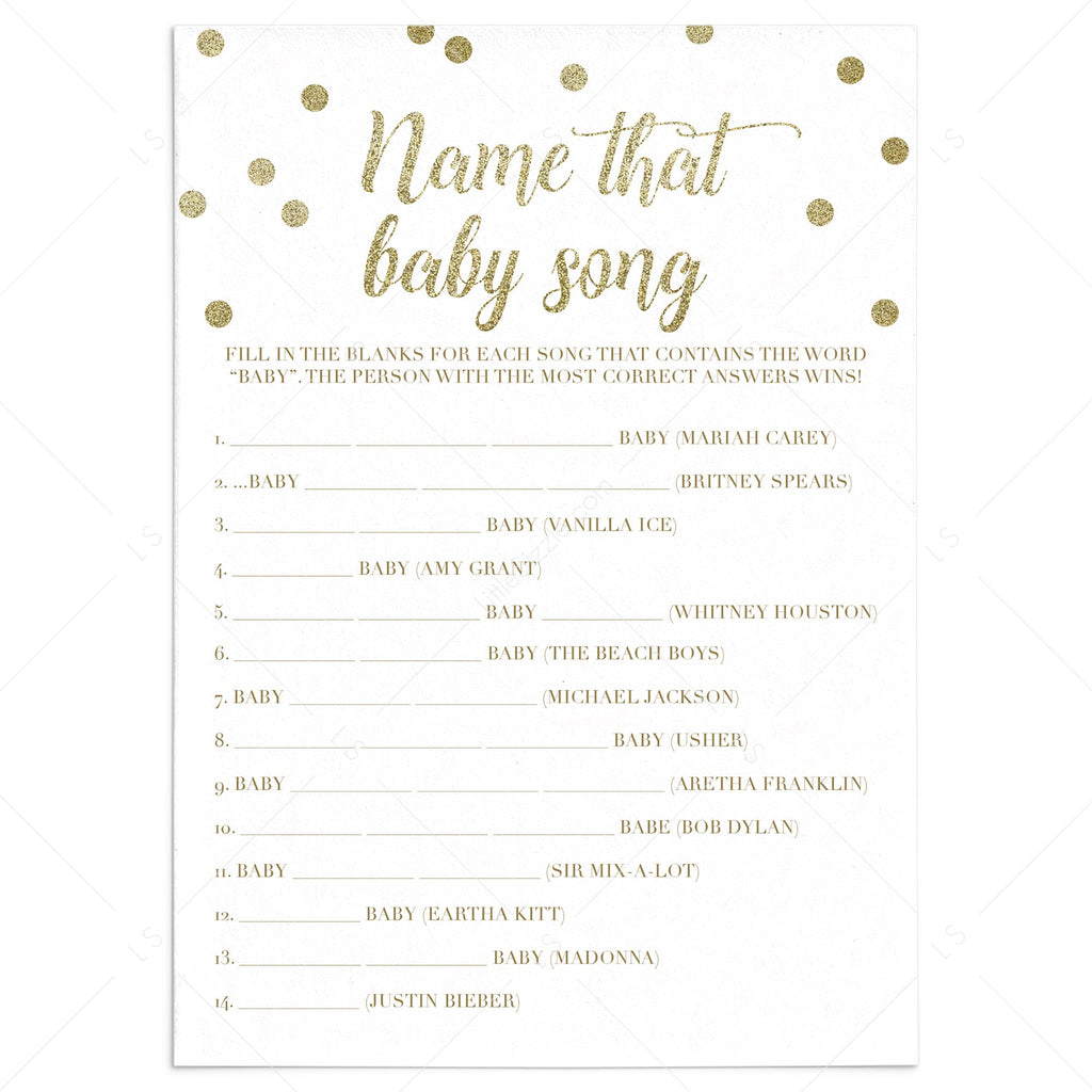 Name That Baby Song Baby Shower Game With Gold Confetti Printable Littlesizzle