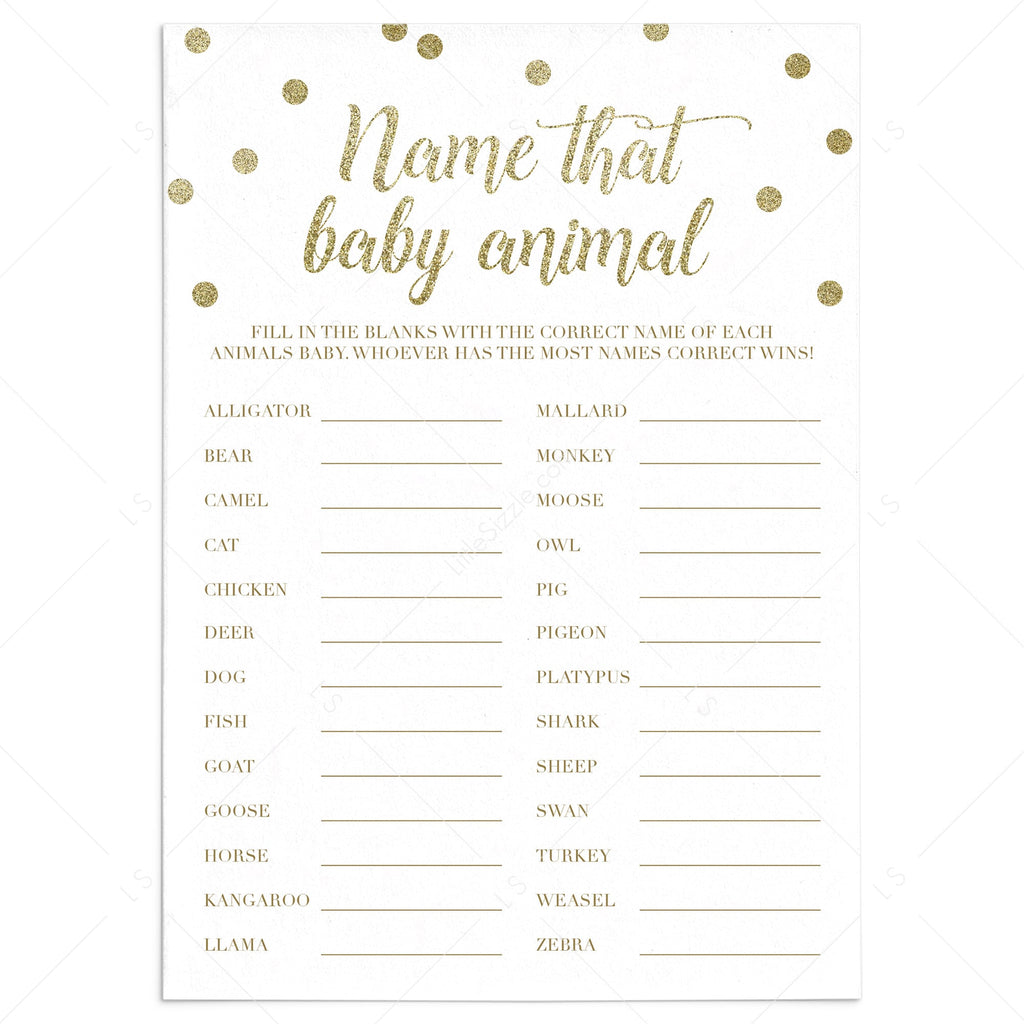 Guess The Baby Animal Baby Shower Game With Gold Confetti Printable Littlesizzle